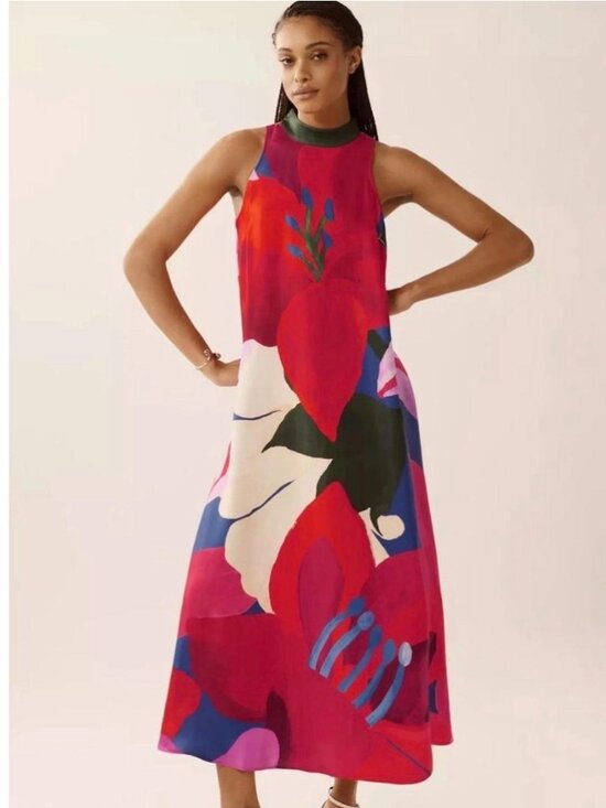 FARM Rio Dresses & Skirts - FARM Rio Maxi Halter Sleeveless Dress Anthropologie Red/Blue Abstract Floral XL